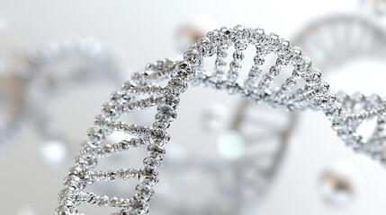 Detailed DNA Strand Illustration with Water Droplets on White Backdrop, Decorative Glass Spheres Highlighting Molecular Structure