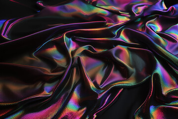 Holographic fabric in indigo and rose gold colors, sparkling and glittering up. top view. Luxury silk.	
