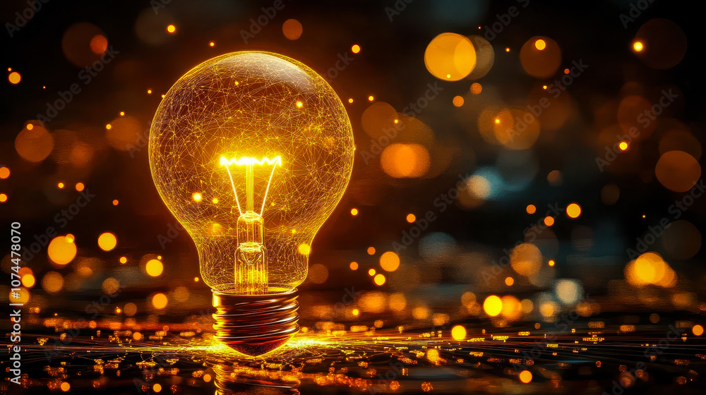 Poster innovative ai concept with glowing digital light bulb and data streams in technology
