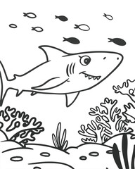 Fototapeta premium Fun Shark in Its Habitat Coloring Page, Vector Line Art for Kids, Perfect for Shark Lovers and Marine Life Enthusiasts