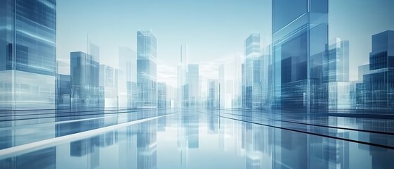 
3D rendering of glass buildings in a city background