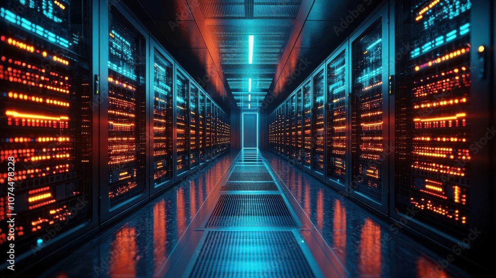 Poster futuristic data center with illuminated server racks and a sleek digital corridor.
