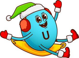 Christmas groovy cartoon vitamin U character riding sledge, vector winter holiday emoji. Funny groovy vitamin U or micronutrient pill riding sled with happy face for Christmas or New Year character