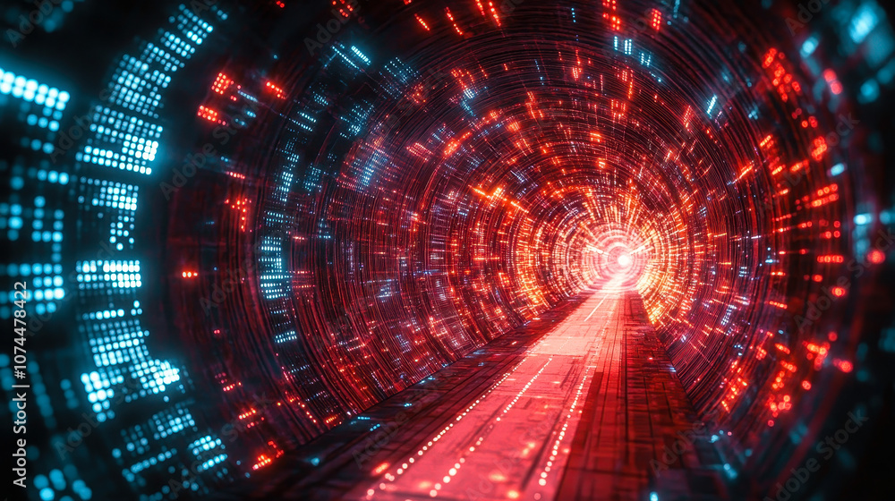 Aufkleber futuristic digital matrix tunnel with flowing binary code and circular gateway