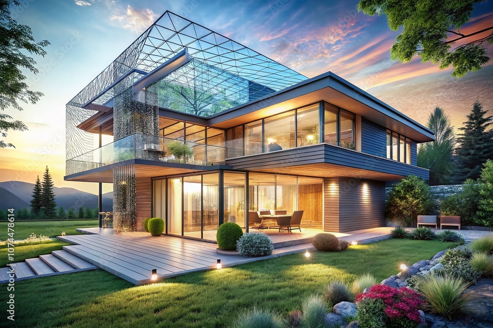 Poster double exposure photography of wireframe rendering showcasing a modern house design merging architec
