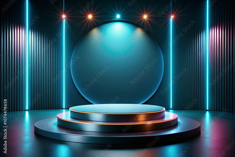 Poster dramatic empty circular stage for product display with minimalist design and central platform in dar