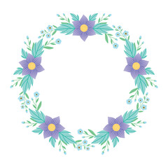 Round flower frame. Round frame with flowers around the perimeter. Delicate purple and blue flowers. Vector illustration.