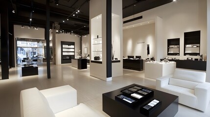 25. A chic modern store with white walls, black accents, and an open space on the counter for a product
