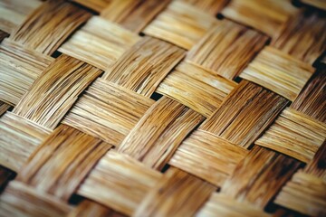 Fototapeta premium Close-up of woven rattan fabric, texture detail. Woven jute rug with natural fiber background