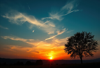 Fototapeta premium A tranquil sunset with a lone tree silhouetted against a colorful sky