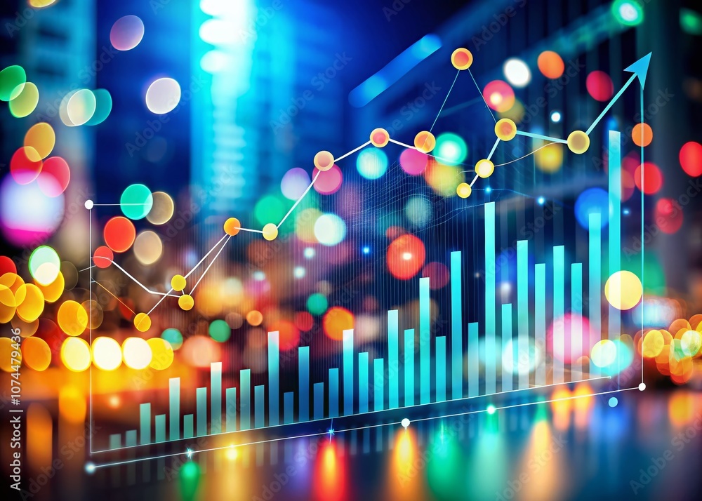 Poster dynamic business management system graphics with bokeh effect, showcasing statistics and data analys