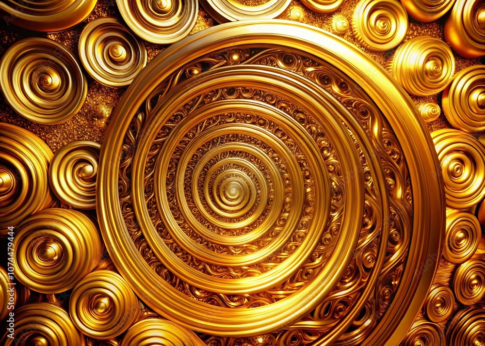 Poster dynamic concentric golden swirls illuminated by low light, featuring radiant circular patterns and i