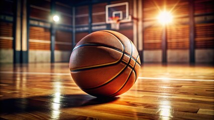 Dynamic Close-Up of a Basketball on the Court Surrounded by Vibrant Lines, Showcasing the Texture of the Ball and the Smooth Surface of the Court for Sports Enthusiasts