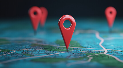 Abstract map with red expansion markers symbolizing market growth and location. vibrant colors and clear details create visually engaging representation of navigation