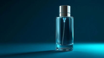Glass Perfume Bottle 3D Render on Blue Background