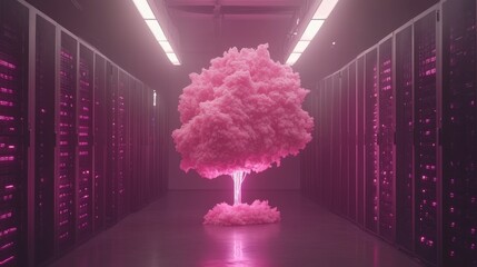 Ethereal Tree of Data Servers in Serene Pink Lighting
