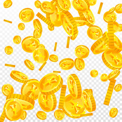 Japanese yen coins falling. Scattered gold JPY