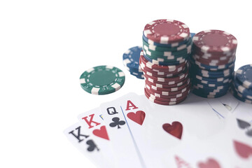 Playing cards and chips for a high-stakes poker game isolated on transparent background