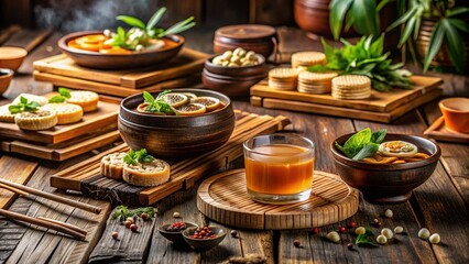 Elegant Bamboo Coasters on a Rustic Wooden Table with Delicious Snacks and Refreshing Drinks for a Cozy Dining Experience in a Natural Setting