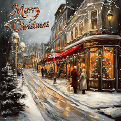 Obraz premium Snowy Winter Night at Vintage Shopping Alley