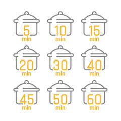 Cooking time vector icon set. Cook or boil for 5, 10 or 20 minutes.