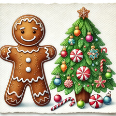 A gingerbread man standing next to a decorated Christmas tree, with ornaments made of candy.
