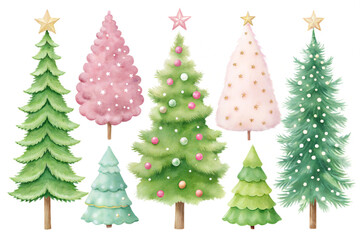 Obraz premium Set of watercolor Christmas trees isolated on white background. Ai generated image