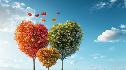 A heart-shaped sky with colorful autumn leaves