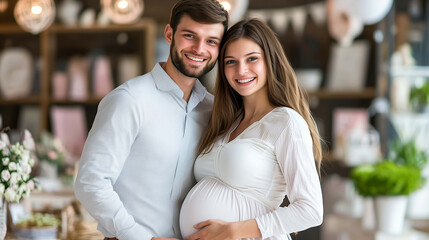 Fototapeta premium Joyful Milestone, Couple Poses Together for a Photo as They Await the Arrival of Their Baby