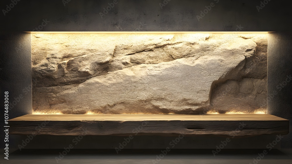 Poster 5. a rustic wood and stone display table with ambient lighting and a large empty space to showcase a