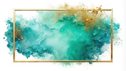 abstract teal watercolor splash with gold frame on white background
