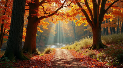 Beautiful fall foliage and sunlight in front of a stream on a mountain.