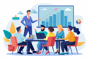 Business Meeting Illustration with Professionals Analyzing Growth Charts, Several professionals are gathered around a table in a modern office