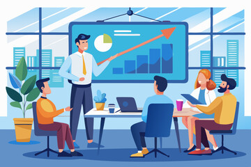 Business Meeting Illustration with Professionals Analyzing Growth Charts, Several professionals are gathered around a table in a modern office