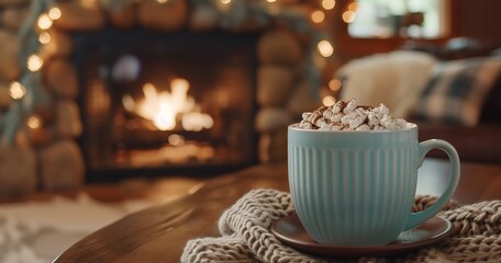 A mug filled with hot cocoa in a comfortable living room in front of the fireplace, Generative Ai.