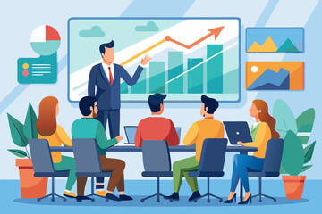 Business Meeting Illustration with Professionals Analyzing Growth Charts, Several professionals are gathered around a table in a modern office