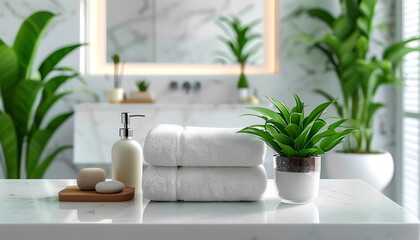 Modern bathroom interior with green plants and white towels