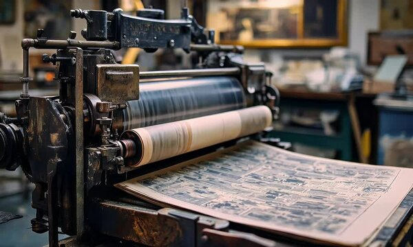 An antique printing press in operation, producing large printed sheets of paper.