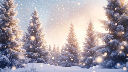 Naklejka premium Christmas tree with snow with warm glow golden light and space for text.
