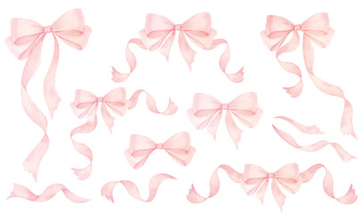 Coquette pink ribbon bow watercolor set isolated on white background. A delicate and charming hand drawn vector illustration. Perfect for greeting cards, printing and other design projects.