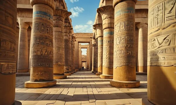 Ancient Egyptian temple interior with towering columns and hieroglyphics.