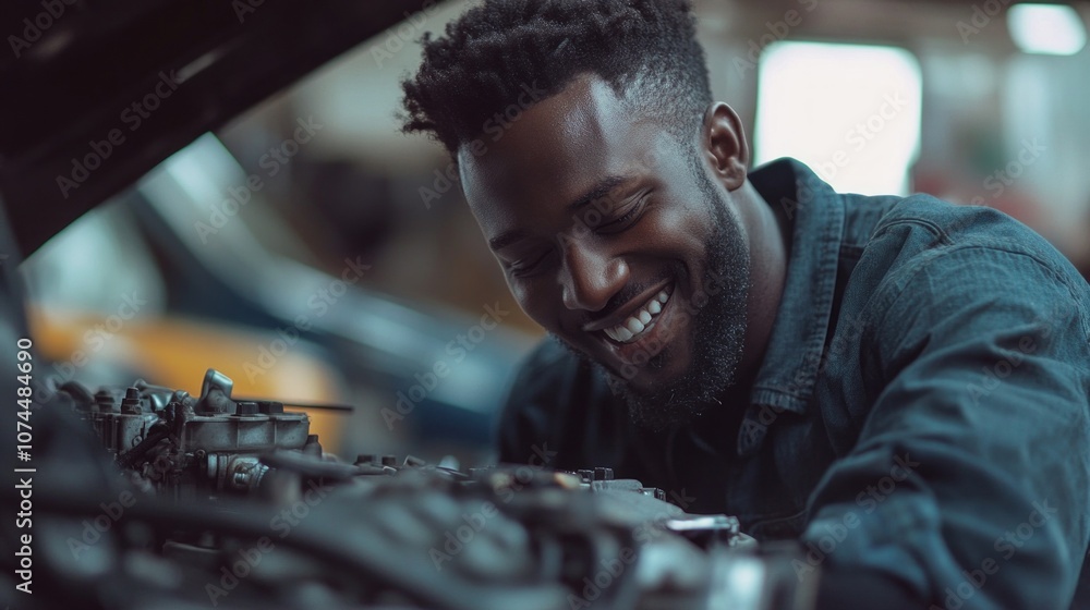 Poster A man is smiling while working on a car engine