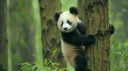 Obraz premium playful panda cub climbing a bamboo tree 