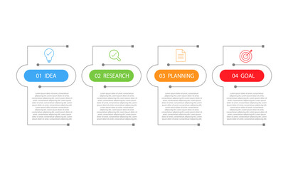 Business infographics template. 4-step design option. Workflow chart data on a white background. For presentation, process diagrams, business strategy elements vector illustration.