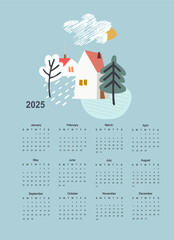 Calendar vector template for year 2025 with smoll home and trees on pastoral landscape. Isolated calendar dates