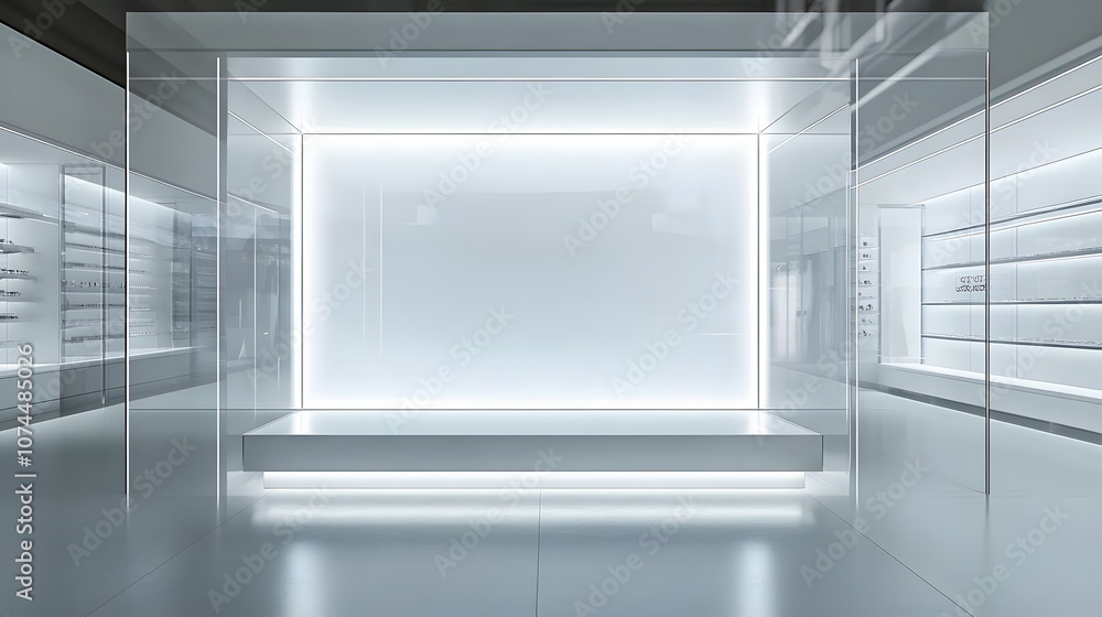 Aufkleber 9. a modern glass display case with soft white light, a large empty area to feature a product