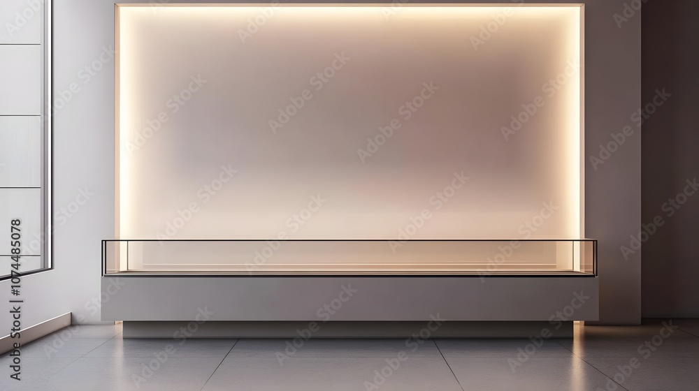 Aufkleber 9. a modern glass display case with soft white light, a large empty area to feature a product
