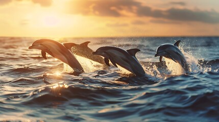pod of dolphins leaping out of the water at sunset. 