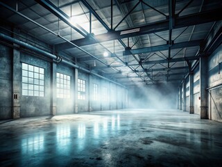 Obraz premium Empty Industrial Space with Concrete Floor and Fog - Versatile Backdrop for Artistic Creations and Product Photography in a Grunge Aesthetic Environment