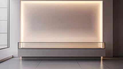 9. A modern glass display case with soft white light, a large empty area to feature a product